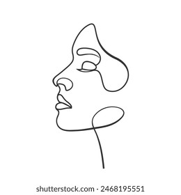 Feminine minimal line art portrait. Woman face single line drawing. Young lady elegance modern outline artwork. Beautiful girl graphic.