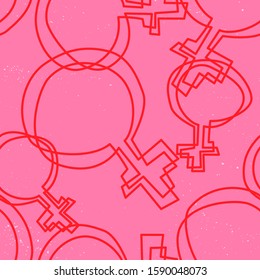 Feminine mirror symbol seamless pattern with  red tangle lines on a pink background with a noise paint texture.