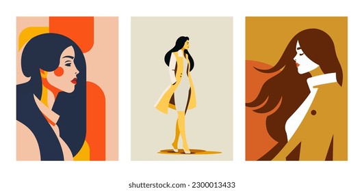 Feminine model fashion autumn portrait abstract geometric beige artwork poster set vector flat illustration. Beauty woman pop art pastel paint color silhouette contemporary minimal confident figure