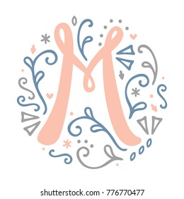 Feminine Monogram Design, ' M ' letter. Lovely cute and elegant. Perfect for decoration, logo, label, stamp, card design, diary / planner sticker, etc