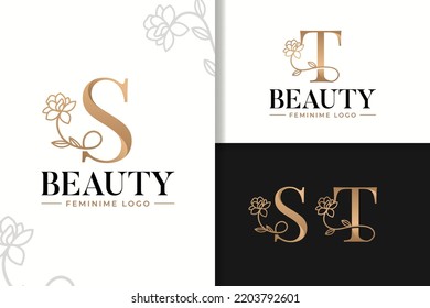 Feminine monogram logo with flower letter s and t