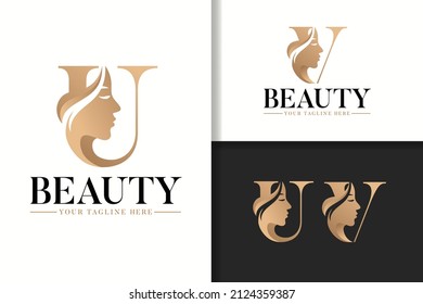 Letras del logotipo del monograma femenino U y V con silueta femenina