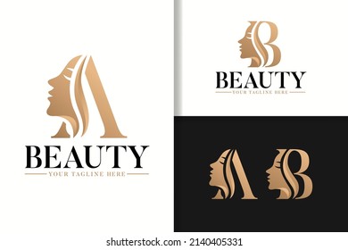 Feminine monogram logo with woman silhouette letter a and b