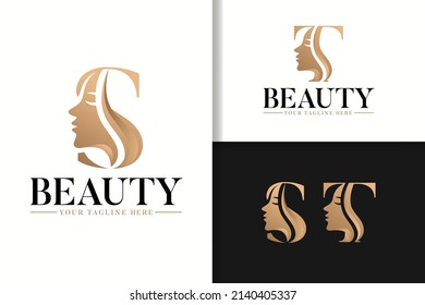 Feminine monogram logo with woman silhouette letter s and t