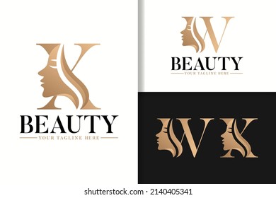 Feminine monogram logo with woman silhouette letter w and x