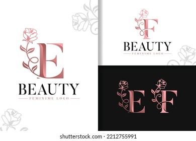 Feminine monogram rose gold logo letter e and f with flowers