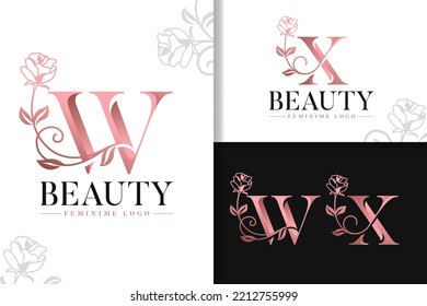 Feminine monogram rose gold logo letter w and x with flowers