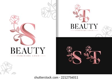 Feminine monogram rose gold logo letter s and t with flowers