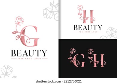 Feminine monogram rose gold logo letter g and h with flowers