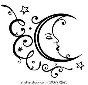Feminine moon with ornament and stars. Dreamer.