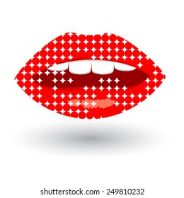 Feminine mouth, lips. Vector circle color tone dots.