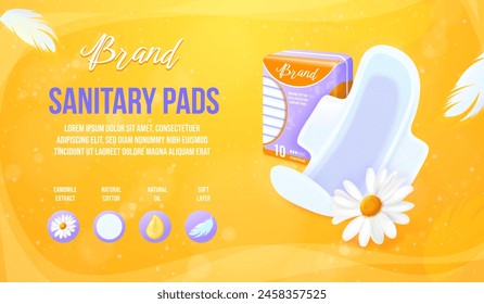 Cartel de almohadillas femeninas. Almohadilla sanitaria realista suave con plumas y Anuncio, diseño de fondo de paquete de productos higiénicos para mujeres, 3d absorbente servilleta panty liner Ilustración vectorial exacta de la higiene femenina