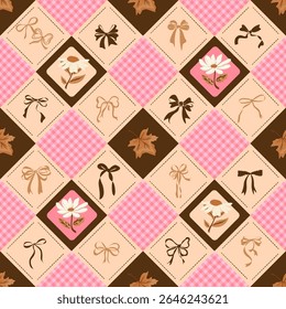Feminine Patchwork Seamless Pattern with Bows, Flowers, and Gingham in Soft Brown and Pink