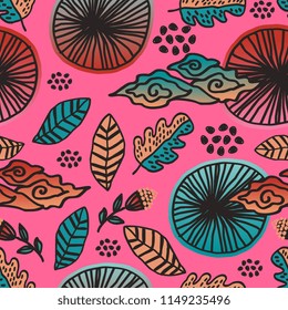 Feminine pattern of autumn leaves and foliage with mushroom and cloud batik motif