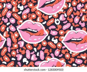Patrón femenino con labios. Plantilla de diseño de moda. Ilustración vectorial. Patrón de piel animal.