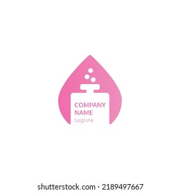 Feminine perfume logo, which is in the form of a water drop with a perfume bottle, with pink color, suitable for perfume company