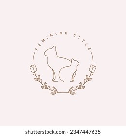 feminine pet minimal decoration kitten dog mammal animal friendship logo design vector graphic illustration