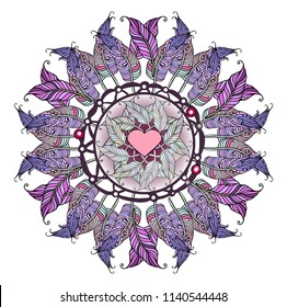 Feminine pink apparel print. Girl fashion Ethnic illustration, tribal amulet. Vector Dream catcher.