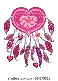 Feminine pink apparel print. Girl fashion Ethnic illustration, tribal amulet. American Indians traditional symbol. Vector Dream catcher.