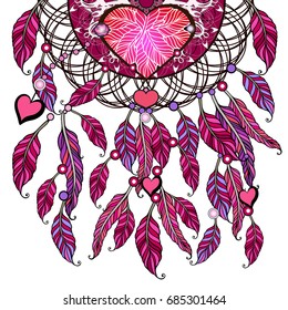 Feminine pink apparel print. Girl fashion Ethnic illustration, tribal amulet. American Indians traditional symbol. Vector Dream catcher.