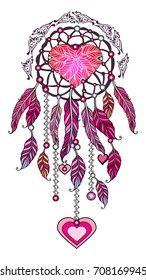 Feminine pink apparel print. Girl fashion Ethnic illustration, tribal amulet. American Indians traditional symbol. Vector Dream catcher.