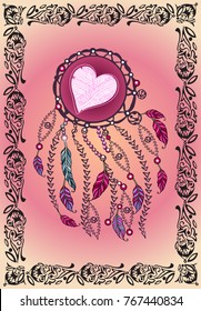 Feminine pink card. Ethnic illustration, tribal amulet. American Indians traditional symbol. Bohemian heart element. Vector Dream catcher.