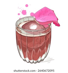 Feminine pink cocktail with rose petal and ice ball. Ideal for menus, bar illustrations, and dessert drink concepts