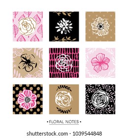 Feminine pink floral card with flowers and nature pattern. Modern hand drawn design elements. Vector illustration.