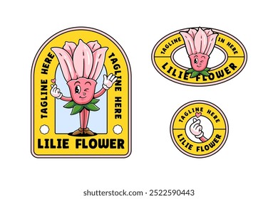 feminine pink lily flower buds colorful retro cartoon character mascot illustration set with standing pose, flirty eye and hand forming love for florist, kids, beauty business mascots and merchandise