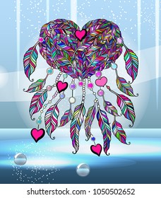 Feminine pink sticker. Ethnic illustration, tribal amulet. American Indians traditional symbol. Vector Dream catcher.