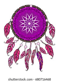 Feminine pink sticker. Ethnic illustration, tribal amulet. American Indians traditional symbol. Bohemian design element. Vector Dream catcher.