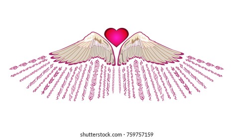 Feminine pink sticker.  Heart with wings for apparel or mascot design. Vector illustration.