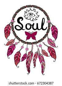 Feminine pink sticker or pin in flash tattoo. Ethnic illustration, tribal amulet. American Indians traditional symbol. Bohemian design element. Vector Dream catcher.