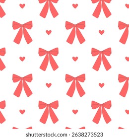Feminine and playful vector pattern red with bows and hearts. Perfect for gift wrap, kids’ designs, or Valentine’s Day themes.