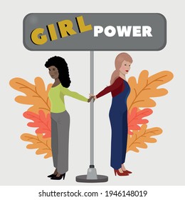 Feminine power. Agitation. Freedom and equality in modern society. Together and United.Girls.Flat illustration.Vector