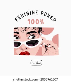 feminine power slogan with girl in sunglasses in square frame vector illustration