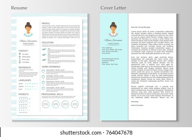 Feminine resume and cover letter with infographic design. Stylish CV set for women. Clean vector.