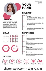 Feminine resume with infographic design. Stylish CV set for women and designer graphic. Clean vector.