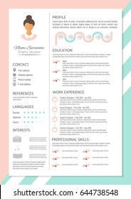 Feminine resume with infographic design. Stylish CV set for women. Clean vector.