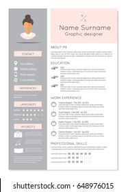 Feminine resume with infographic design. Stylish CV set for women. Clean vector.