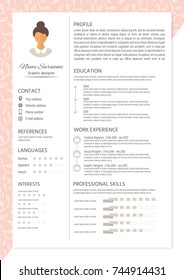 Feminine resume with infographic design. Stylish CV set for women. Clean vector.