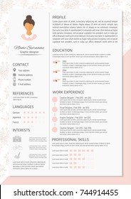 Feminine resume with infographic design. Stylish CV set for women. Clean vector.
