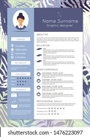 Feminine resume with infographic elements and tropic design. Stylish CV set for women. Clean vector profile.