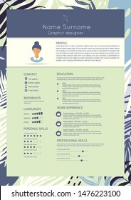 Feminine resume with infographic elements and tropic design. Stylish CV set for women. Clean vector profile.