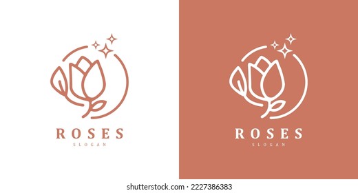 Feminine roses logo design templates in trendy linear minimal style.