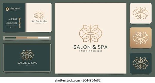 feminine salon and spa logo with creative minimalist linear stylized beauty and business card design