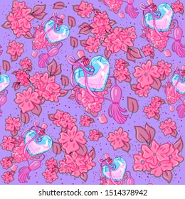 Feminine seamless pattern full of neon cherry flowers glowing and blooming. Pink perfume bottles made of crystal and spring garden plants. Print for clothing and kid accessories