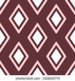 Feminine seamless pattern with repeating rhombuses. Simple geometric print for women. White, pink, brown. Vector illustration.