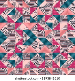 Feminine seamless pattern vector with palm leaves and geometric triangle. Background wallpaper for fashion textile print.