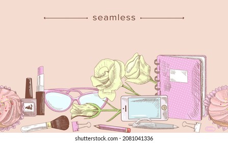 Feminine Set, Doodle Seamless Pattern Frame. Women Sunglasses, Muffin, Smartphone and Notebook with Pen, Rose Flower, Nail Polish and Lipstick with Brush on Pink Background. Linear Vector Illustration